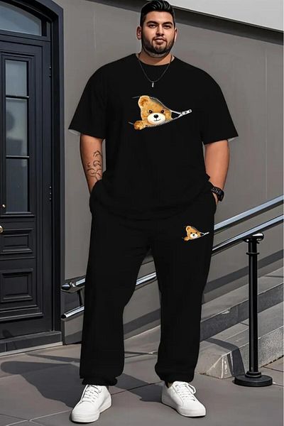 NO 601 Men's Black T-Shirt Black Sweatpants Bottom Zippered Bear Large Size Oversize Set