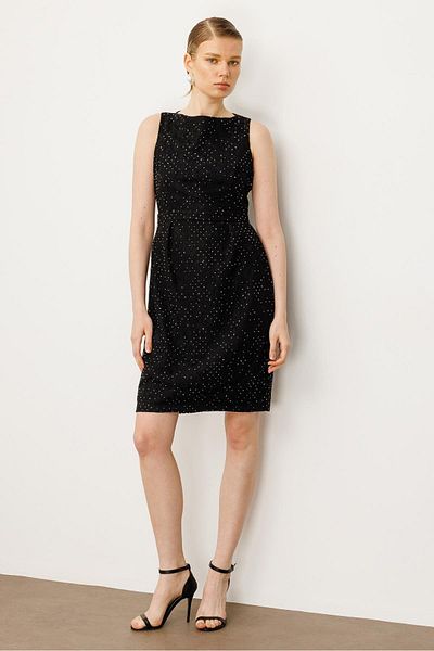 Moda İlgi Modailgi Pool Neck Back Transparent Short Sleeveless Lace Dress Black