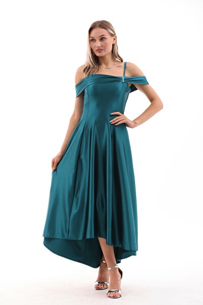 FARİKA Omuz Detaylı Asimetrik Maxi Yeşil Saten Rüya Abiye Elbise | Mezuniyet Düğün Davet Şık Gece