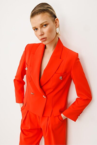 Moda İlgi Modailgi Kruvaze Kapamalı Torba Cepli Yırtmaçlı Kısa Ceket Mercan
