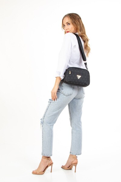 Newish Γυναικεία τσάντα ώμου με μαύρο μονόγραμμα με μακρύ λουράκι