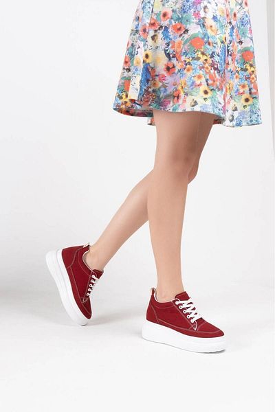 BENNU DERMO FASHİON Women's Hidden Heel Lace-Up Linen Sports Shoes Claret Red