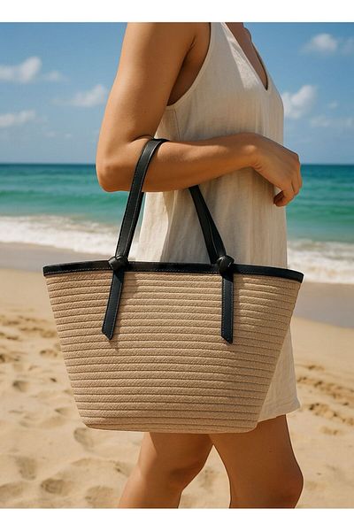Katusa Women's Black Jute Rope Design Beach Bag with Binding Detail