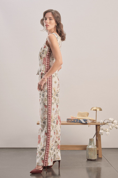 Mavlo Burgundy Floral Linen Trousers