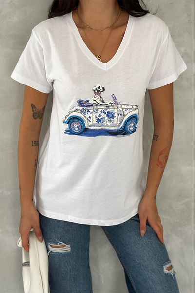 FEMELLE Tricou alb pentru femei, cu decolteu în V, cu paiete și broderie, 100% bumbac