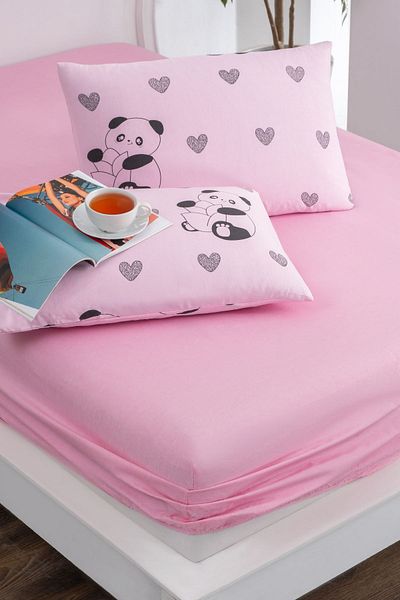 Valezium Pink Panda Printed Fabric Elastic Fitted Padded Sheet Set