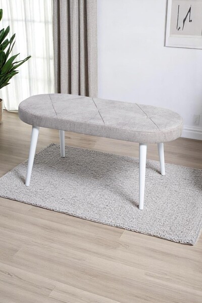 MYMASSA Bench - Jerika Krem Kumaş - Ahşap Beyaz Ayak - Mutfak Benchi - Puf - Oturak