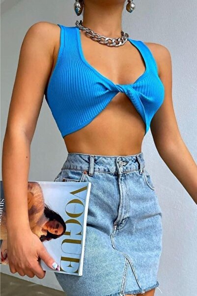 lovebox Жіноча синя трикотажна блуза з зав'язкою спереду 6572