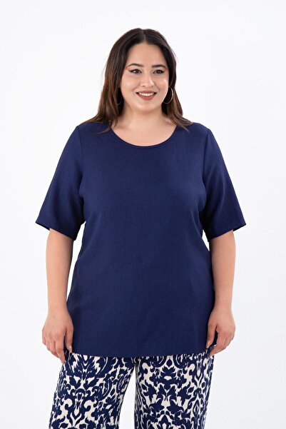 Roxxlen 333931 Γυναικεία 333931 Λινό Πλαϊνό άνοιγμα Μπλουζάκι Ναυτικό Μπλε