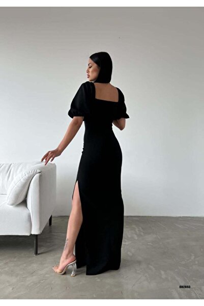 Modafeminen Krep Kumaş Kruvaze Yaka Balon Kol Yırtmaç Detaylı Maxi Elbise Siyah 582853