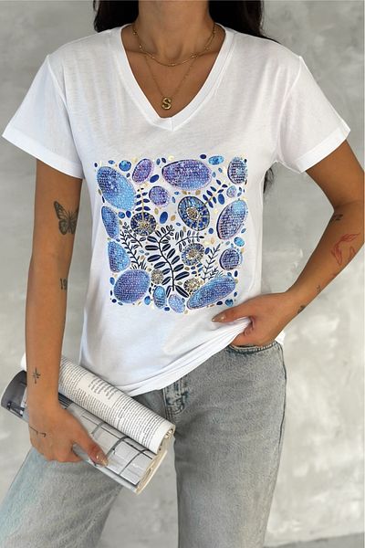 FEMELLE Tricou alb de damă, cu decolteu în V, cu paiete și broderie, 100% bumbac