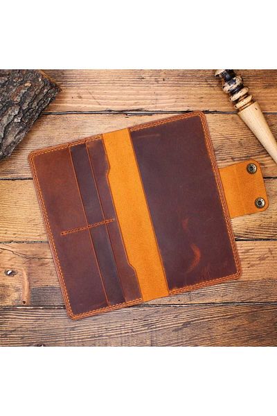 Z ZDK Leather Craft Vertical Long Wallet with Phone Compartment/Phone Compartment - Portfolio-*Color Camel