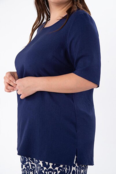 Roxxlen 333931 Γυναικεία 333931 Λινό Πλαϊνό άνοιγμα Μπλουζάκι Ναυτικό Μπλε