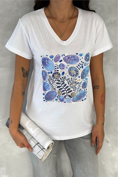 FEMELLE Tricou alb de damă, cu decolteu în V, cu paiete și broderie, 100% bumbac