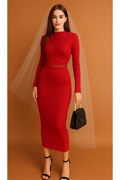 NDN STORE Țesătură flexibilă de nisip din tul decoltat detaliat guler cu mânecă lungă rochie creion lungime midi roșu 583154