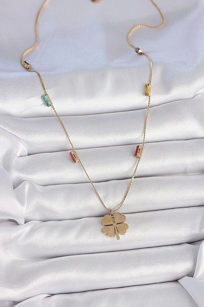 Clariss 316L Steel Gold Color Clover Figure Zircon Stone Detailed Women's Necklace