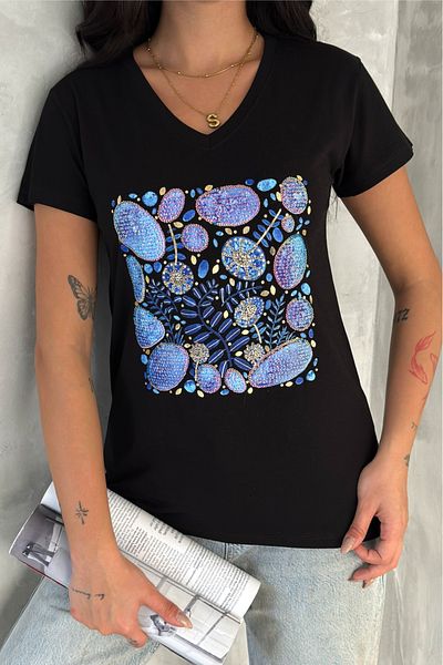 FEMELLE Tricou negru de damă, 100% bumbac, cu paiete și broderie, cu decolteu în V