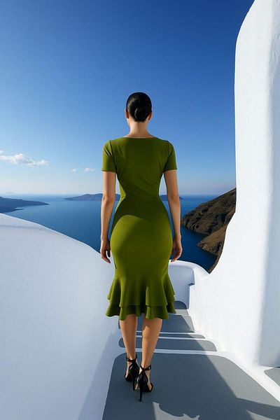 Modafeminen Γυναικείο τετράγωνο γιακά με κοντό μανίκι με λεπτομέρεια με διπλό βολάν Midi βραδινό φόρεμα Pistachygreen 582981