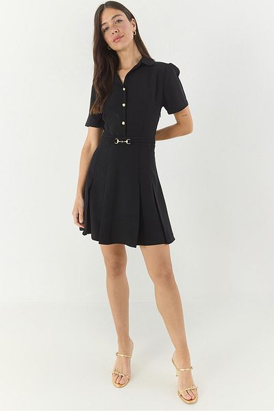 Bianco Lucci Women Shirt Collar Button and Belt Detail Pleated Dress 2050 60283321