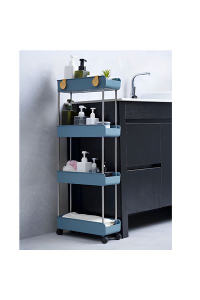 Herum Raft organizator pentru baie cu 4 niveluri și roți, plastic, albastru, 40,5 x 23 x 93,5 cm