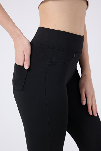TREND34 Kadın Siyah Yüksek Bel Cepli Toparlayıcı Pantolon Tayt