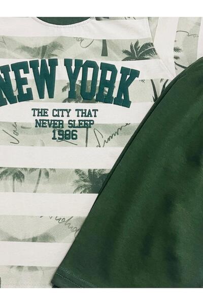 Tarık Boy's 100% Cotton New York Letter Crew Neck Short Sleeve Khaki Shorts Pajama Set