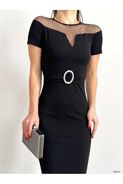 Modafeminen Scuba Krep Kumaş Elbise Siyah 582474