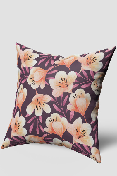 EsnafAli Μωβ Κρεμ Διακοσμητική Μαξιλαροθήκη με Λουλούδι