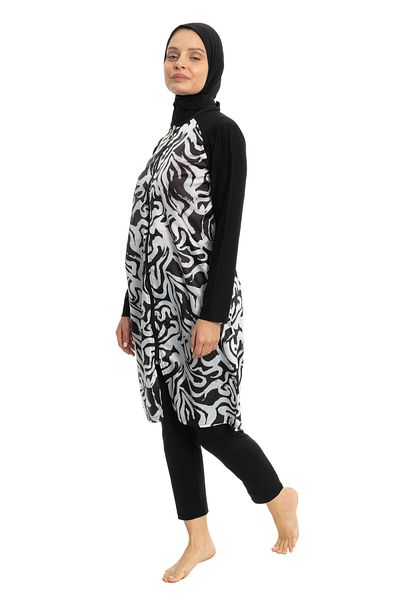 LEOMA Fully Covered Water Repellent Quick Drying Side Adjustable Zippered Patterned Hijab Swimsuit