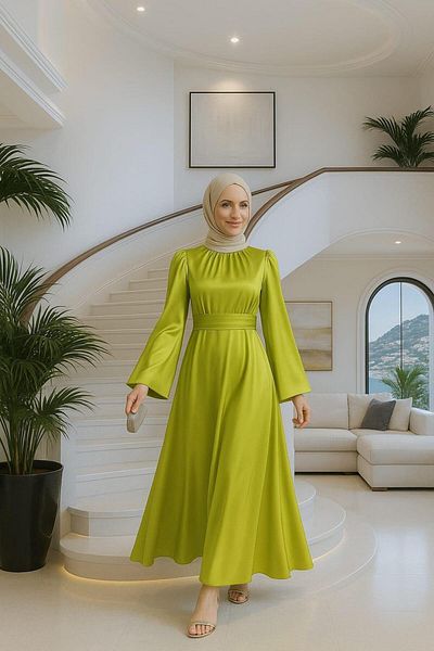 Modafeminen Ισπανικό βραδινό φόρεμα με σατέν με μανίκια μέσης που τυλίγηκε με πράσινο φιστίκι 583163
