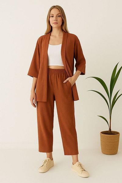 enmodaiçgiyim Bürümcük Fabric Summer Women's Jacket and Pants Set