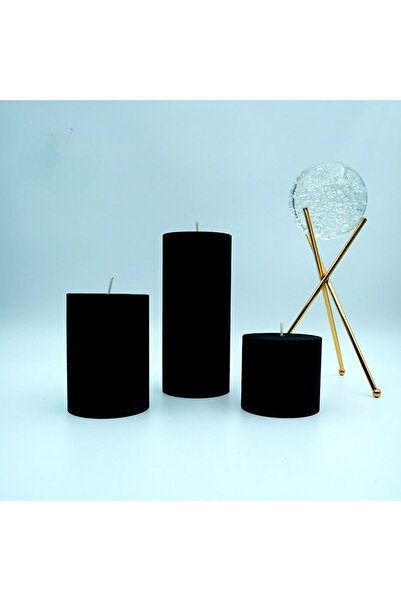 BayCazip 3'lü Set Kütük Silindir Siyah Mum 20 Cm X 7 Cm, 12 Cm X 7 Cm, 7 Cm X...