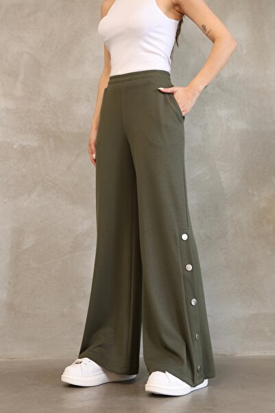 ESL ESLEM Women's Button Detailed Wide Leg Trousers – Elastic Waist, Comfortable Fit, Seasonal