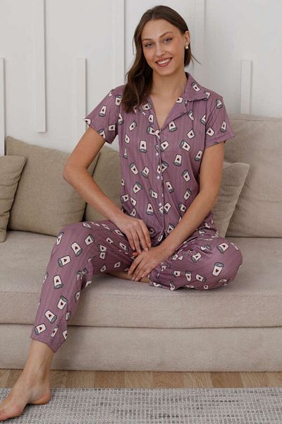 My Blog Lilac Brown Glass Patterned Buttoned Pajama Set - 15655