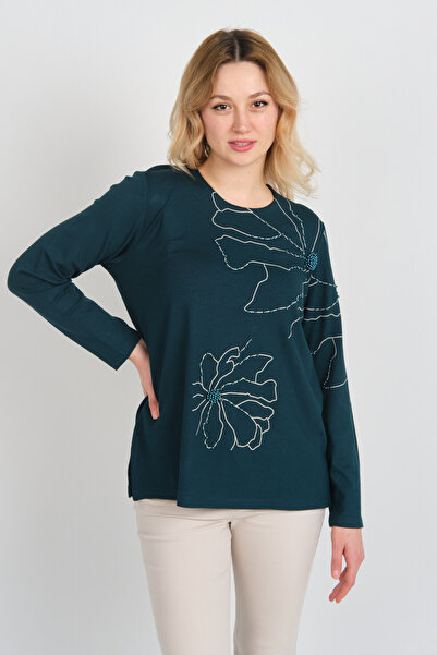 Detay Triko بلوزة أم نسائية مطرزة بأكمام طويلة 5737 زمرد