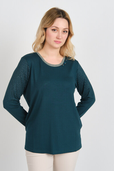 Detay Triko Kadın Bisiklet Yaka Süsleme Detaylı Uzun Kol Bluz 4530 Zümrüt