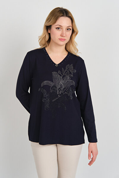 Detay Triko Жіноча блуза з каменями на комірі та бісером, довгі рукави, 5747, темно-синя