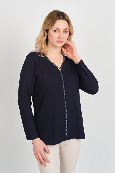 Detay Triko Жіноча блуза з довгими рукавами, прикрашена бісерною вишивкою та декоративними ґудзиками, 5752, темно-синя