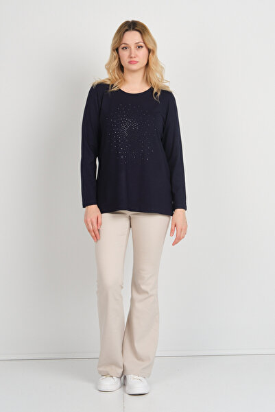 Detay Triko Жіноча блуза з розрізом і камінням, довгі рукави, 5703, темно-синя