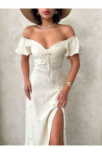 Butik Stone Patterned One Sleeve Ruffle Tie Dress