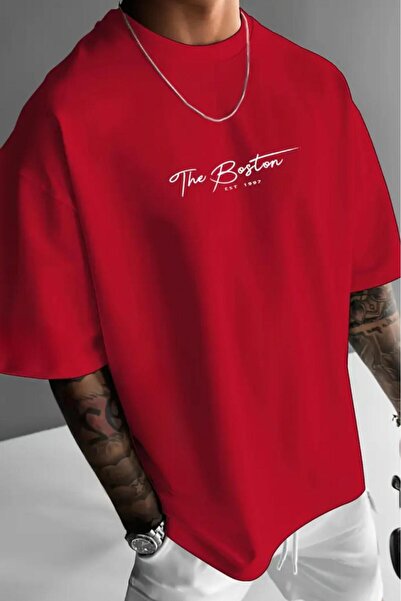 NO 601 Tricou oversize cu imprimeu Boston roșu pentru bărbați