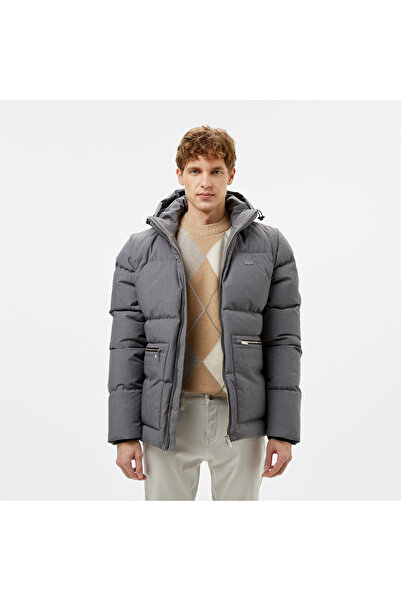 Lacoste Erkek Kapüşonlu Gri Şişme Mont