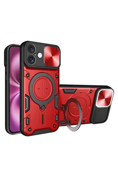 SKYDDAR INNOVATION Case for iPhone 16 Plus, CamGuard Pro, Magnetic Ring, Camera Protection, Red, sticker set