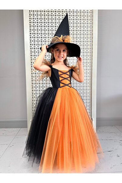 PERİLİ AYLİZ Halloween Turuncu Renkli Kiz Çocuk Cadi Sabrina Kostümü-Kız Doğu...