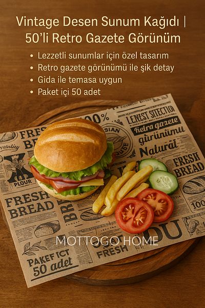 Mottogo 50 Pieces of Vintage Patterned Presentation Paper - for Retro Newspaper, Hamburger Wrapping and Serving