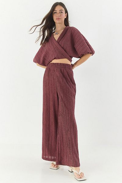 Bianco Lucci Bluză cu mâneci pepene verde cu cravată pentru femei, cu talie elastică, pantaloni largi, costum de sus și de jos 9340 60281051