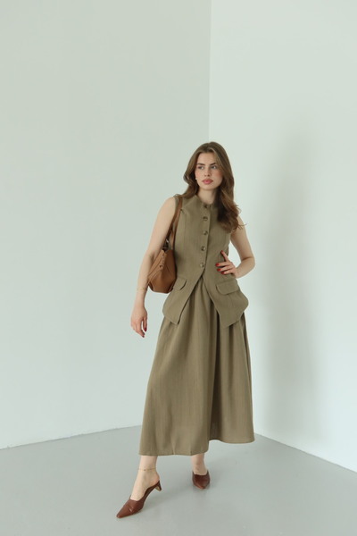 Laluvia Khaki 100% Cotton Pocket Cover Vest Skirt Set - 8656