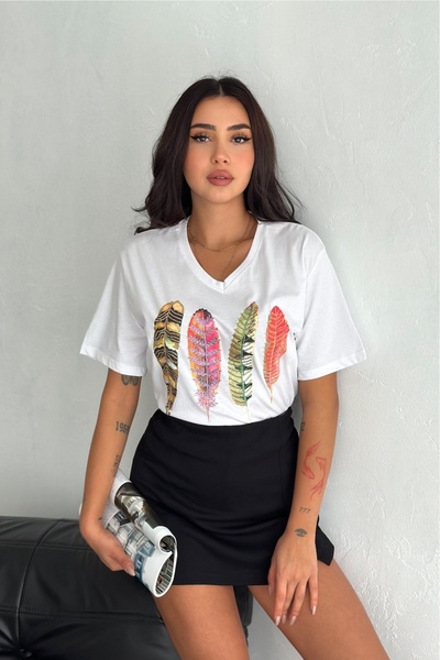 FEMELLE Women's White V-Neck Large Size Feather Pattern Sequin Embroidered 100% Cotton Large Size T-Shirt