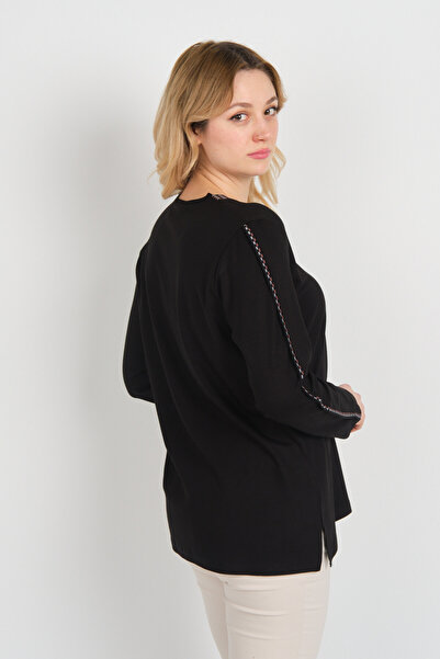 Detay Triko Women's Collar and Single Sleeve Patterned Mother Blouse with Stone Metal Accessories 5714 Black