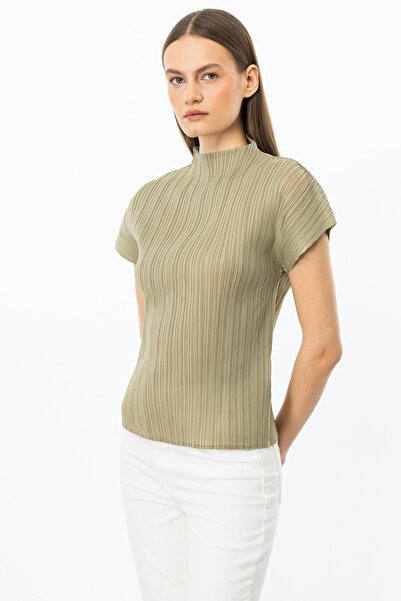 Ekol Accordion Fabric Stand Collar Blouse